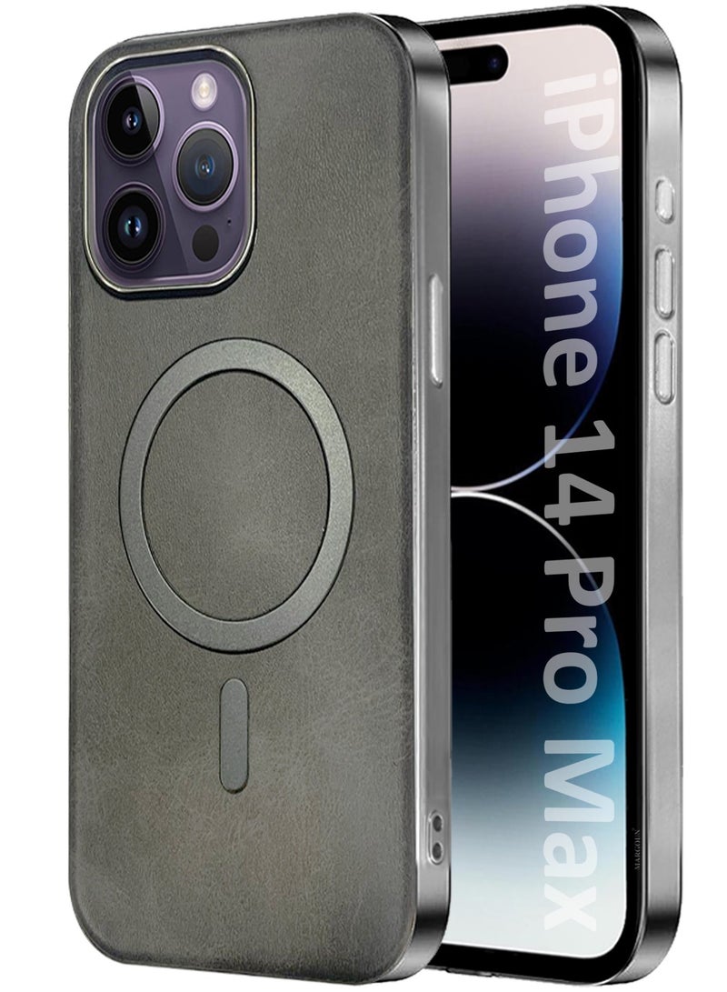 CATANES PU Leather Case for Apple iPhone 14 Pro Max Compatible with Magsafe, Shockproof Drop Proof Protective Slim Case Grey - Image 1