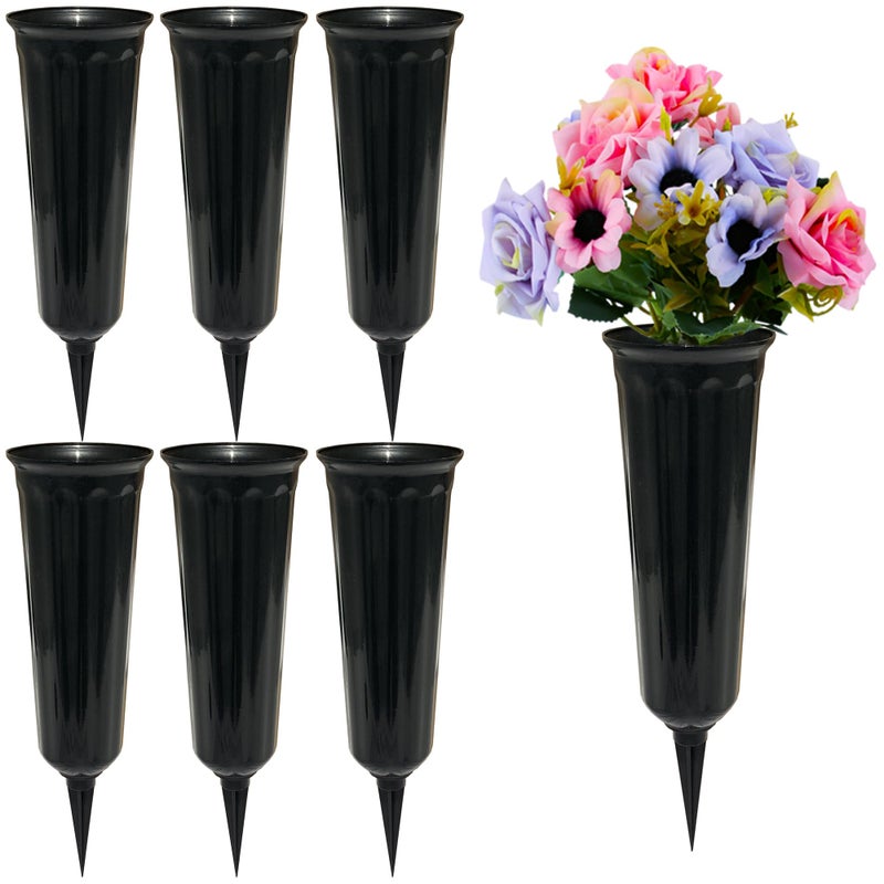 OTDCGI Memorial Floral Vases, Cemetery Vase, 10" High with Stake, Grave Cone Vase, Flower Pots for Outdoor Plants, Decorative Plastic Containers (Set of 6, Black) - Image 1
