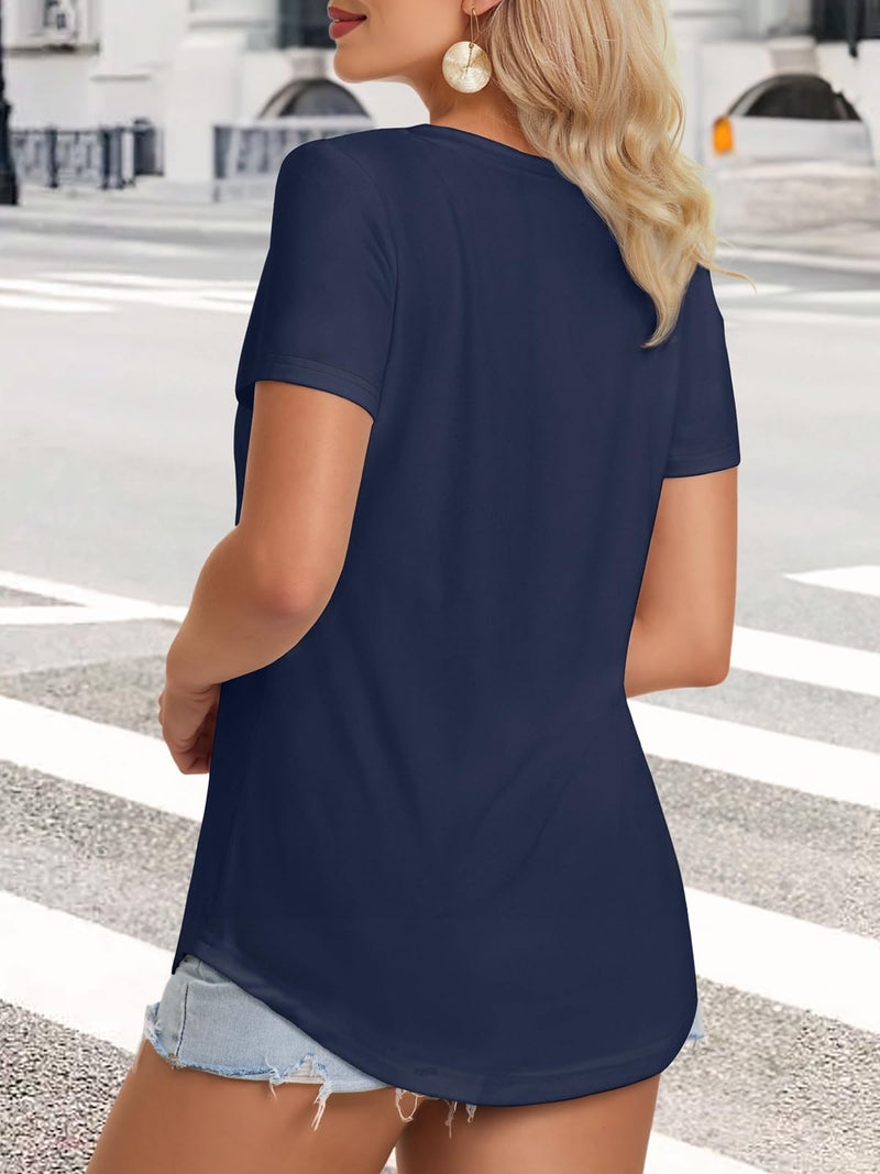 ATHMILE Womens V Neck Short Sleeve Summer T Shirts Curved Hem Plain Top Beach Navy - Image 2
