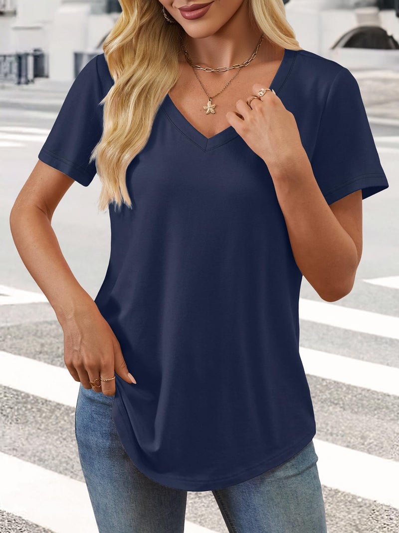 ATHMILE Womens V Neck Short Sleeve Summer T Shirts Curved Hem Plain Top Beach Navy - Image 5