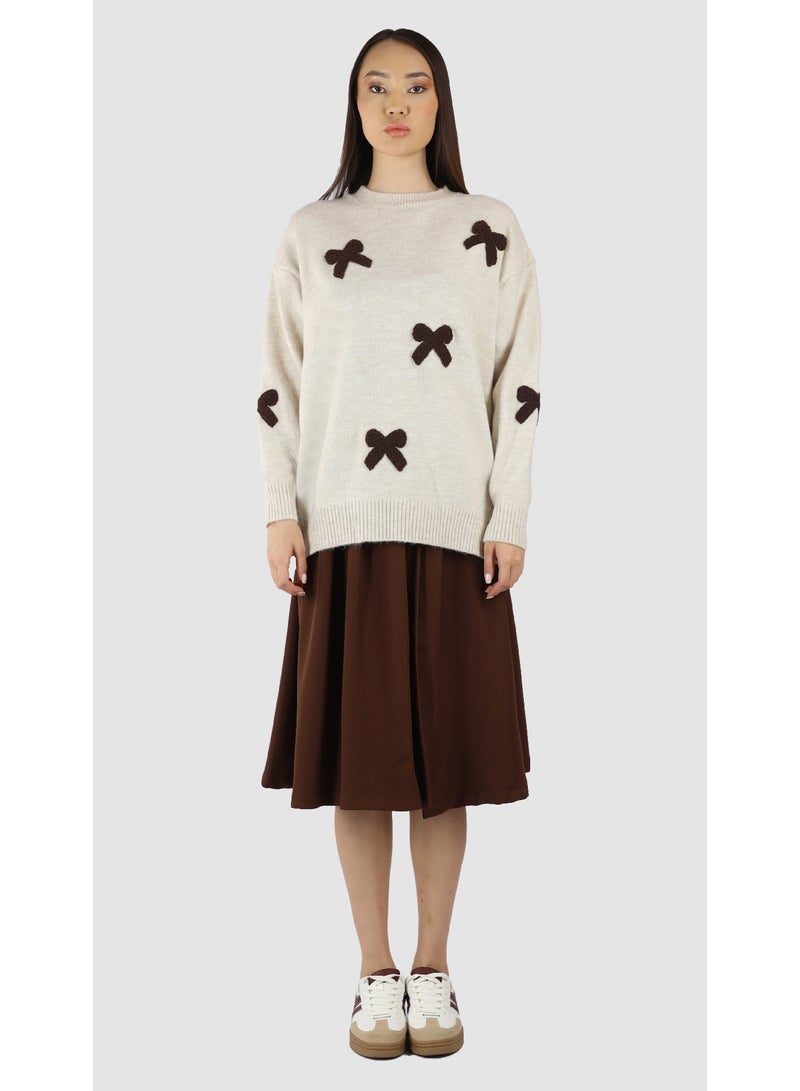 KYVELi Women’s Soft Knit Sweater with Bow Accents – Beige - Image 2