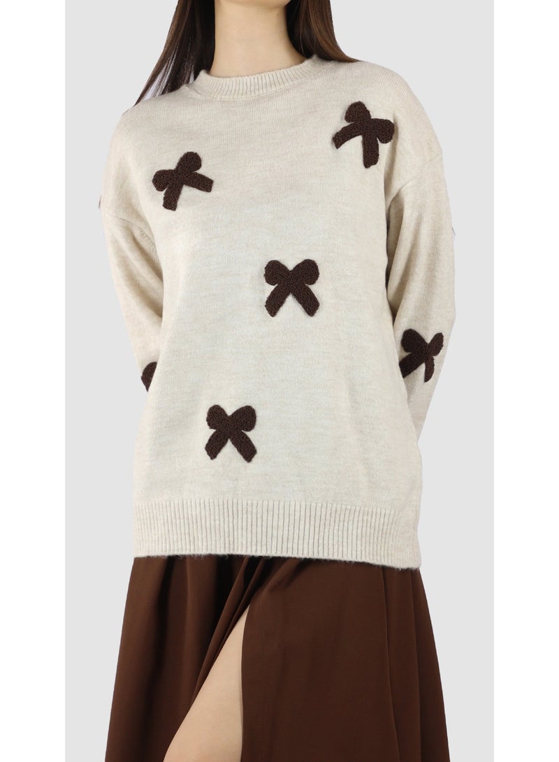 KYVELi Women’s Soft Knit Sweater with Bow Accents – Beige - Image 1