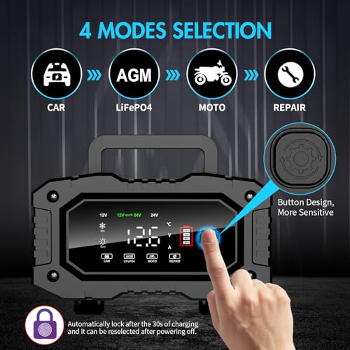 YONHAN Battery Charger 20A 12V/24V LiFePO4 Lead Acid Fully Automatic Battery Maintainer, Car Battery Trickle Charger Automotive w/Repair, Winter Mode, for AGM, STD, Gel, Deep Cycle Batteries - Image 4