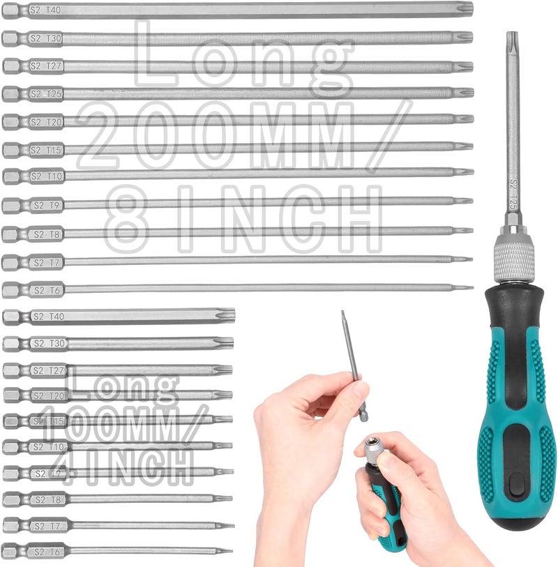 JUNXILPPD 23pcs Torx Screwdriver Set, Tamper Proof Torx Bit Set (11x4" + 11x8") With Bit Holder Ultra-Long Security Star Bits T6-T40 S2 Steel Magnetic Star Screwdriver Bits For Deep Hole, Electronics Repair - Image 1