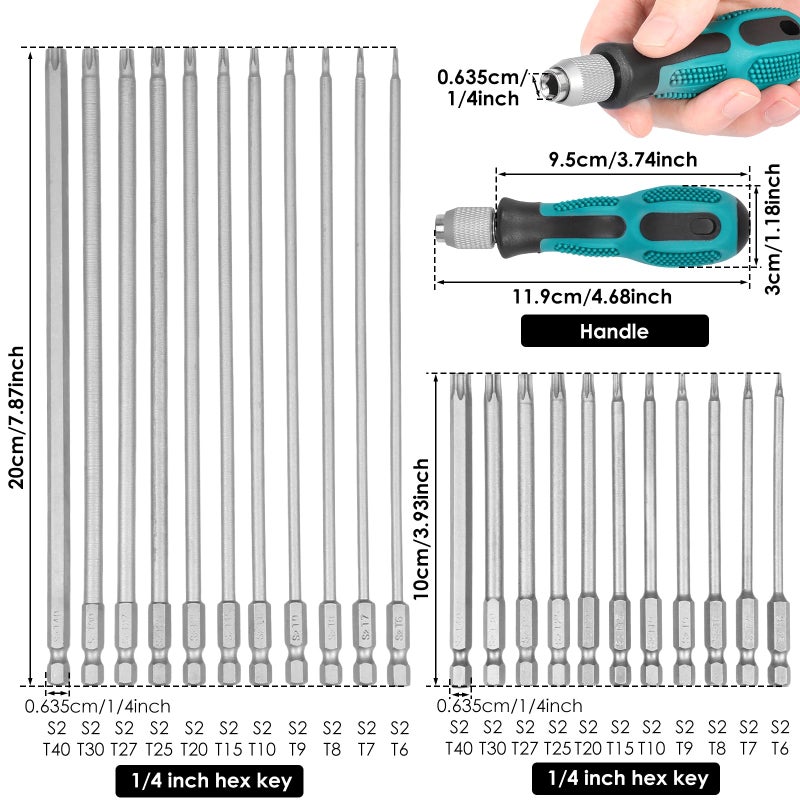 JUNXILPPD 23pcs Torx Screwdriver Set, Tamper Proof Torx Bit Set (11x4" + 11x8") With Bit Holder Ultra-Long Security Star Bits T6-T40 S2 Steel Magnetic Star Screwdriver Bits For Deep Hole, Electronics Repair - Image 2