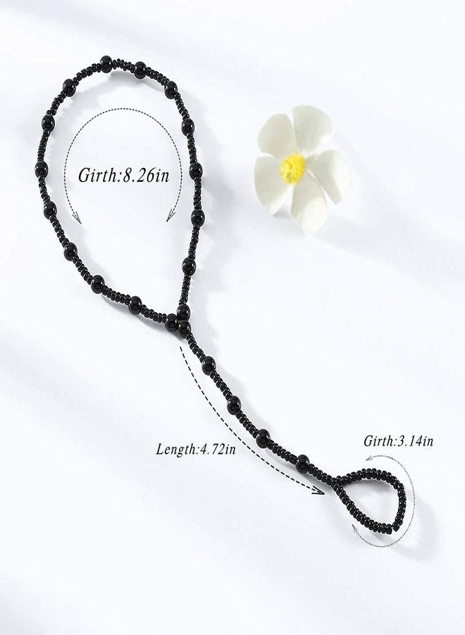Obmyec 2Pcs Beaded Barefoot Sandals Black Wedding Ankle Bracelet Beads Toe Ring Anklets Chain Beach Foot jewelry for Women (Black) - Image 3