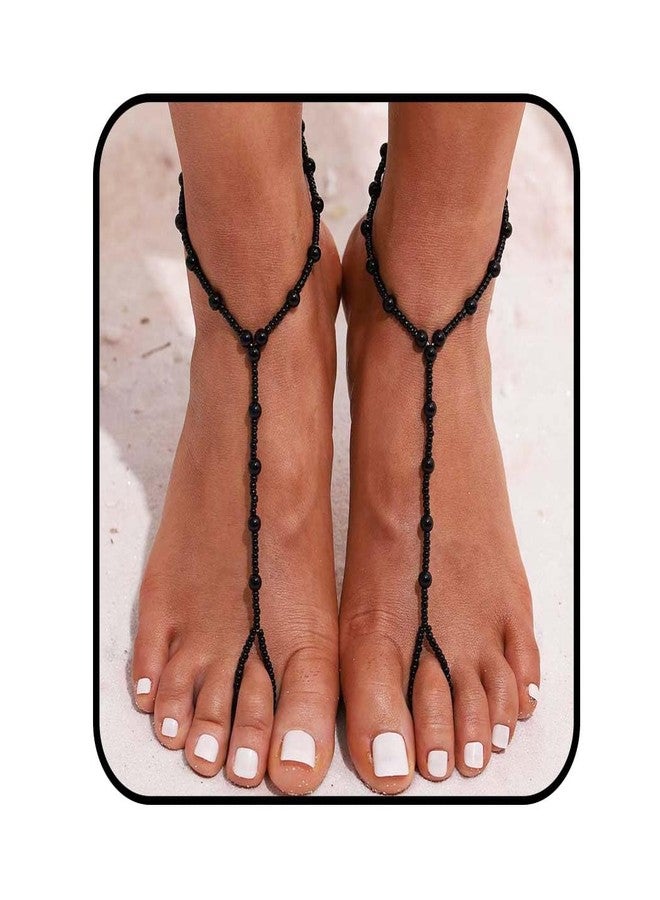 Obmyec 2Pcs Beaded Barefoot Sandals Black Wedding Ankle Bracelet Beads Toe Ring Anklets Chain Beach Foot jewelry for Women (Black) - Image 1