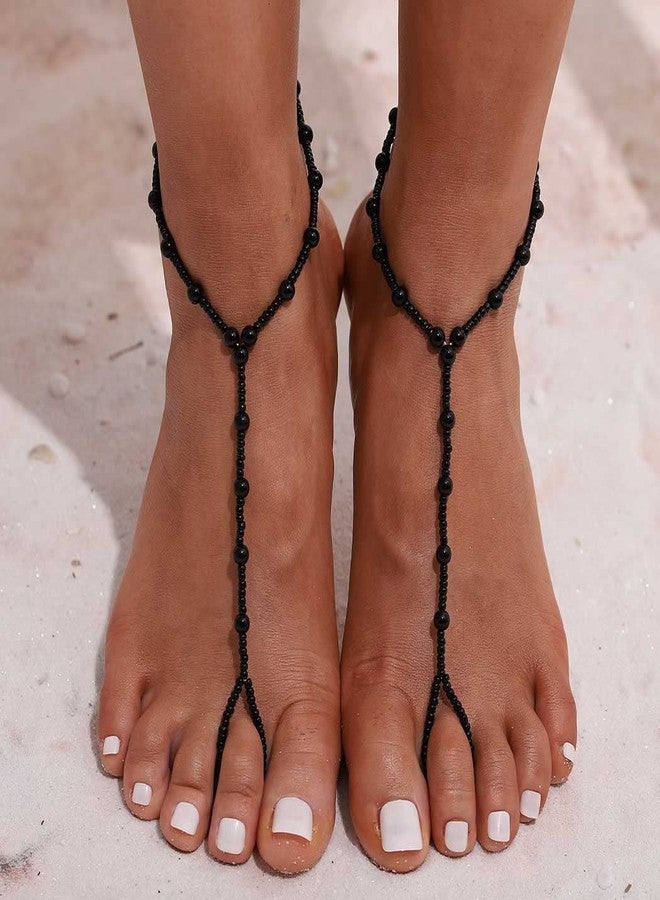 Obmyec 2Pcs Beaded Barefoot Sandals Black Wedding Ankle Bracelet Beads Toe Ring Anklets Chain Beach Foot jewelry for Women (Black) - Image 2