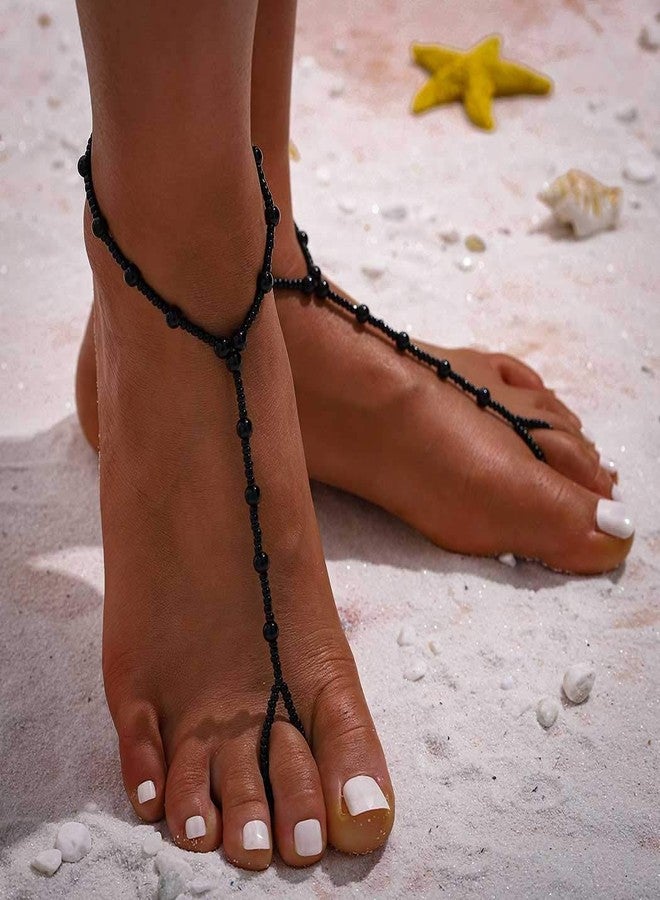 Obmyec 2Pcs Beaded Barefoot Sandals Black Wedding Ankle Bracelet Beads Toe Ring Anklets Chain Beach Foot jewelry for Women (Black) - Image 4