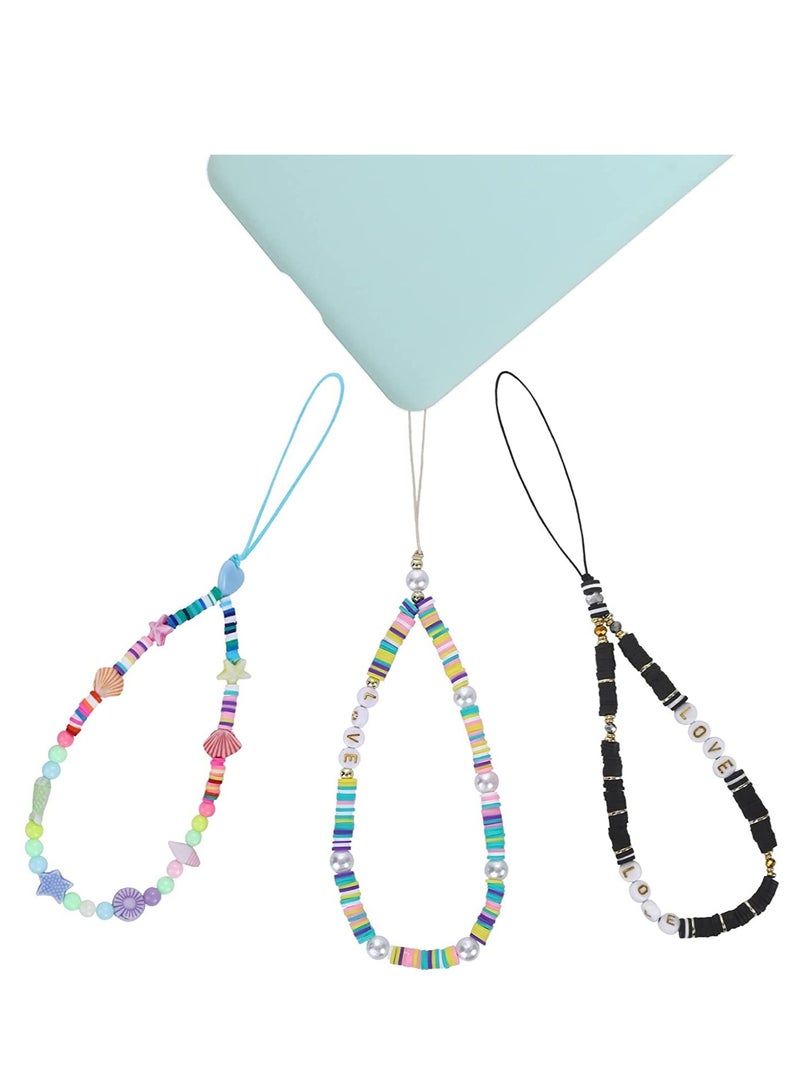 SOLARAE Beaded Phone Charm String Lanyard Wrist Strap Colorful Shell Starfish Pearl Letters Polymer Clay Bead Phone Chains Keychain Rainbow Acrylic Beads Bracelet (3Pcs) - Image 2
