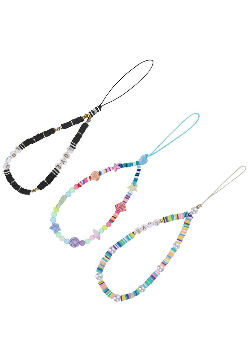 SOLARAE Beaded Phone Charm String Lanyard Wrist Strap Colorful Shell Starfish Pearl Letters Polymer Clay Bead Phone Chains Keychain Rainbow Acrylic Beads Bracelet (3Pcs) - Image 1