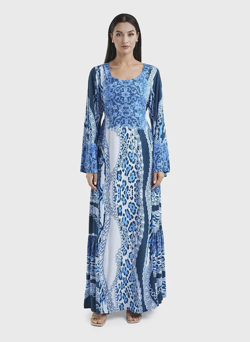 KASHKHA Blue Tiered Viscose Digital Print Jalabiya (VDE300)