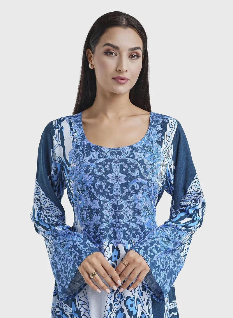 KASHKHA Blue Tiered Viscose Digital Print Jalabiya (VDE300)
