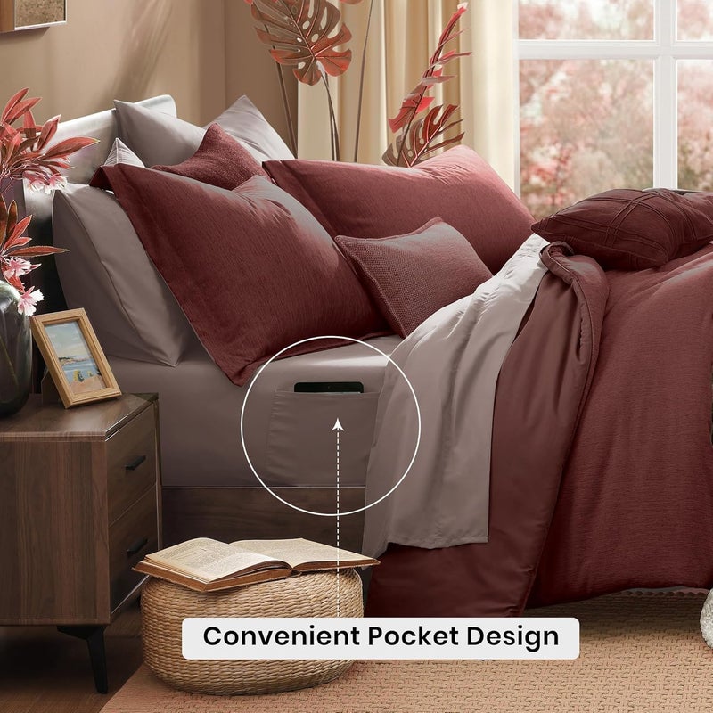 Monbix California King Comforter Set - 7 Pieces Cationic Dyeing Dark Red Bed in a Bag Cal King Bedding Sets with Comforter, Sheets, Pillowcases & Shams, Reversible Bedding Comforters Sets - Image 4