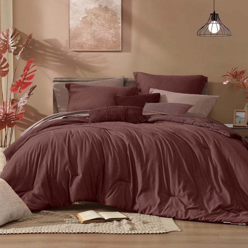 Monbix California King Comforter Set - 7 Pieces Cationic Dyeing Dark Red Bed in a Bag Cal King Bedding Sets with Comforter, Sheets, Pillowcases & Shams, Reversible Bedding Comforters Sets - Image 1