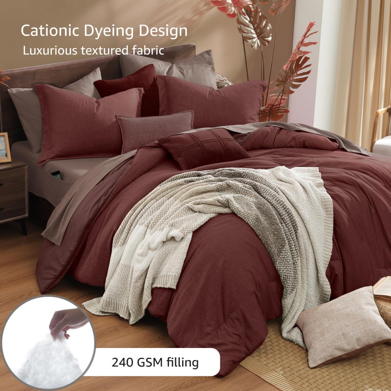 Monbix California King Comforter Set - 7 Pieces Cationic Dyeing Dark Red Bed in a Bag Cal King Bedding Sets with Comforter, Sheets, Pillowcases & Shams, Reversible Bedding Comforters Sets - Image 3