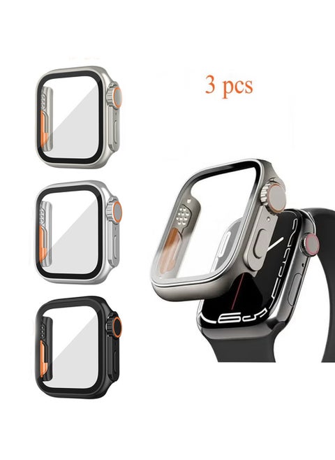 3pcs Hard Case Compatible for Apple Watch Series 9/8/7 45mm with Tempered Glass Screen Protector, Unique Design Hard PC Waterproof Case Cover, Bumper Full Coverage Accessories for iWatch 9/8/7 45mm