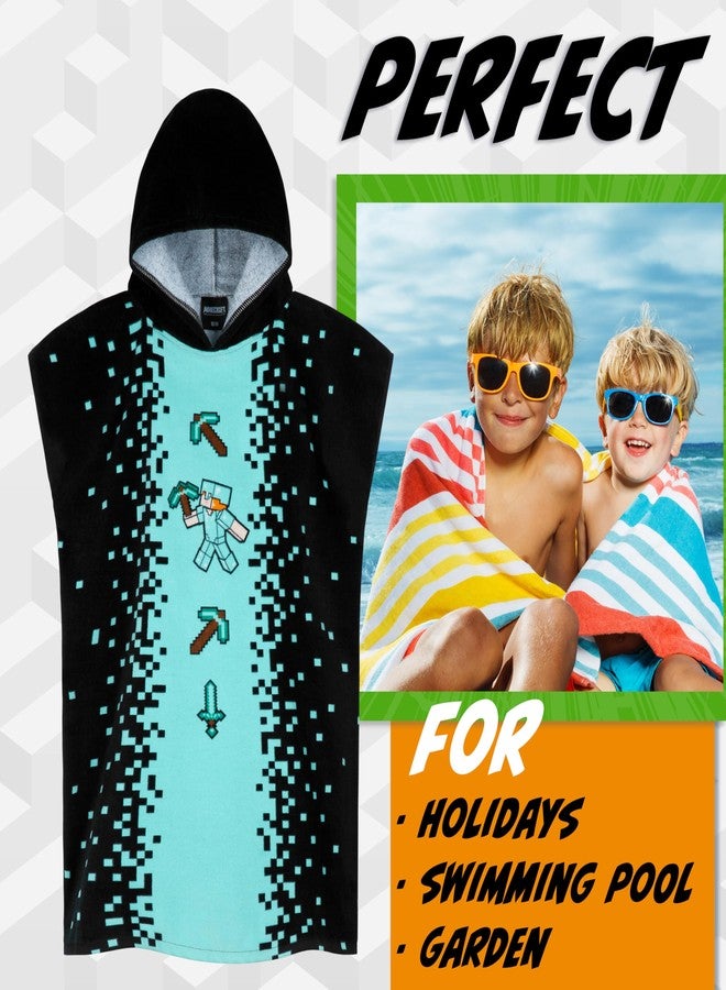 Minecraft Towelling Poncho Kids Teens Hooded Bath Towels Absorbent Beach Towel (Black/Blue, 6-9 Years) - Image 2