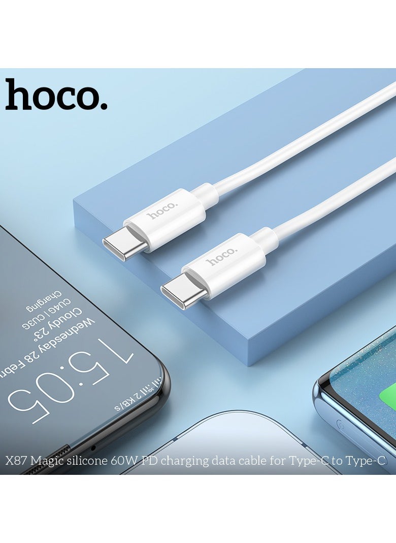X87 Magic Silicone 60W PD Charging Data Cable Type-C to Type-C Flexible, Durable Fast Charging & High-Speed Data Transfer for USB-C Devices - White
