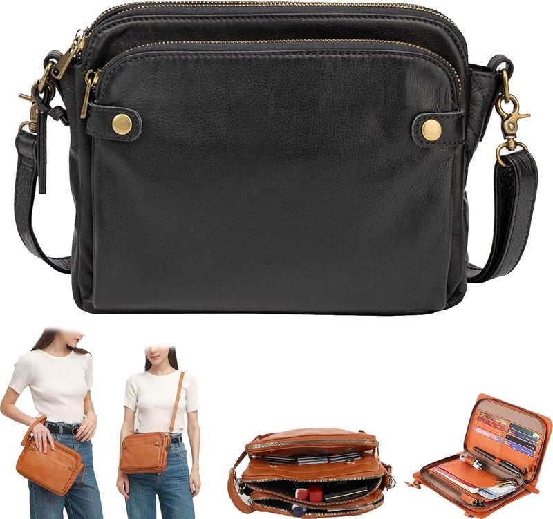 klarako Crossbody Leather Shoulder Bags and Clutches, Three-Layer Leather Crossbody Shoulder & Clutch Bag, with Strap (Black) - Image 1