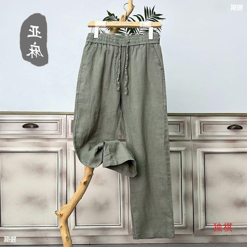 بنطلون قطن ولين للرجال عالي الجودة صيفي، بنطلون لين للرجال، بنطلون فضفاض مستقيم واسع الساق، سروال كاجوال ربيعي وخريفي أبيض - Image 4