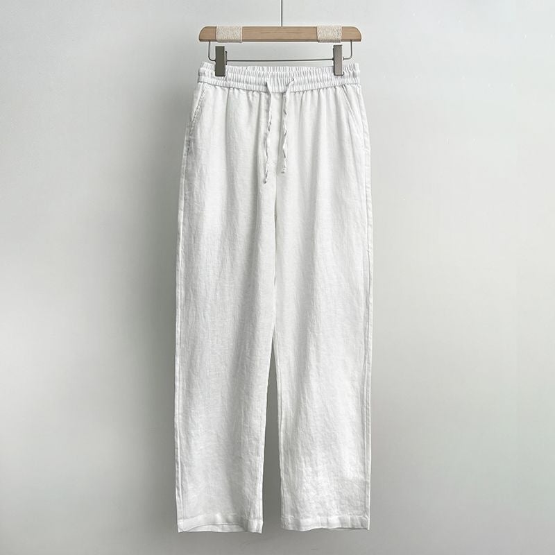 بنطلون قطن ولين للرجال عالي الجودة صيفي، بنطلون لين للرجال، بنطلون فضفاض مستقيم واسع الساق، سروال كاجوال ربيعي وخريفي أبيض - Image 1