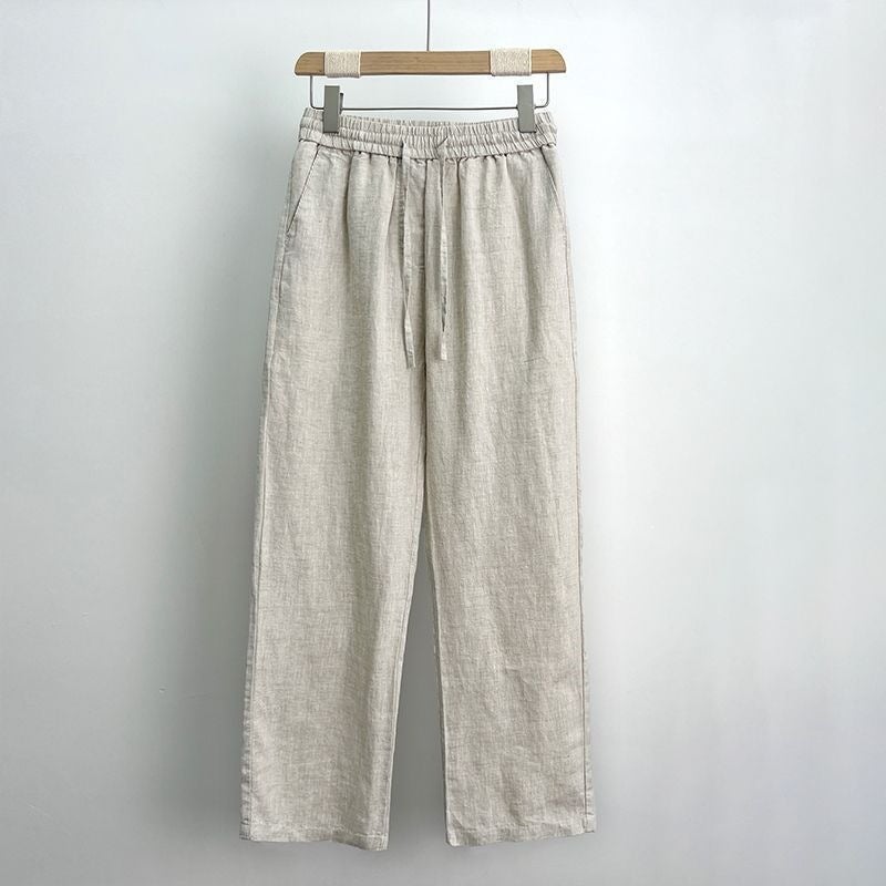 بنطلون قطن ولين للرجال عالي الجودة صيفي، بنطلون لين للرجال، بنطلون فضفاض مستقيم واسع الساق، سروال كاجوال ربيعي وخريفي أبيض - Image 2
