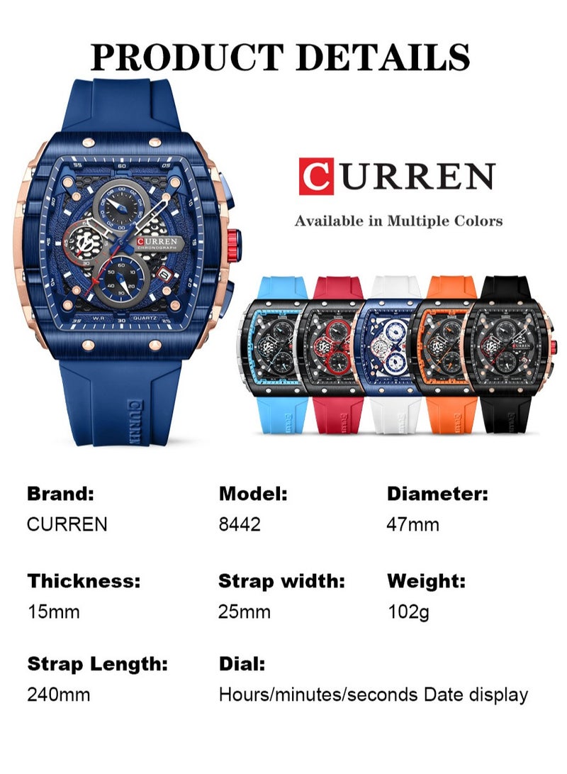 CURREN Men's Waterproof Quartz Watch, Luminous Markers, Silicone Strap, 8442 Dark Blue - Image 4