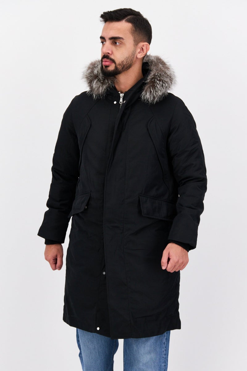 SELECTED Men Solid Hooded Parka Jacket, Black  - Image 1