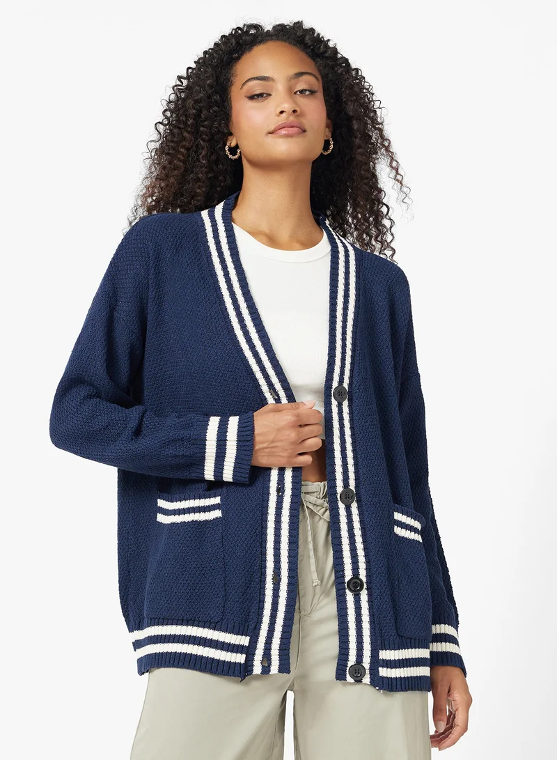 جينجر Varsity Style Button Up Cardigan with Contrast Trim