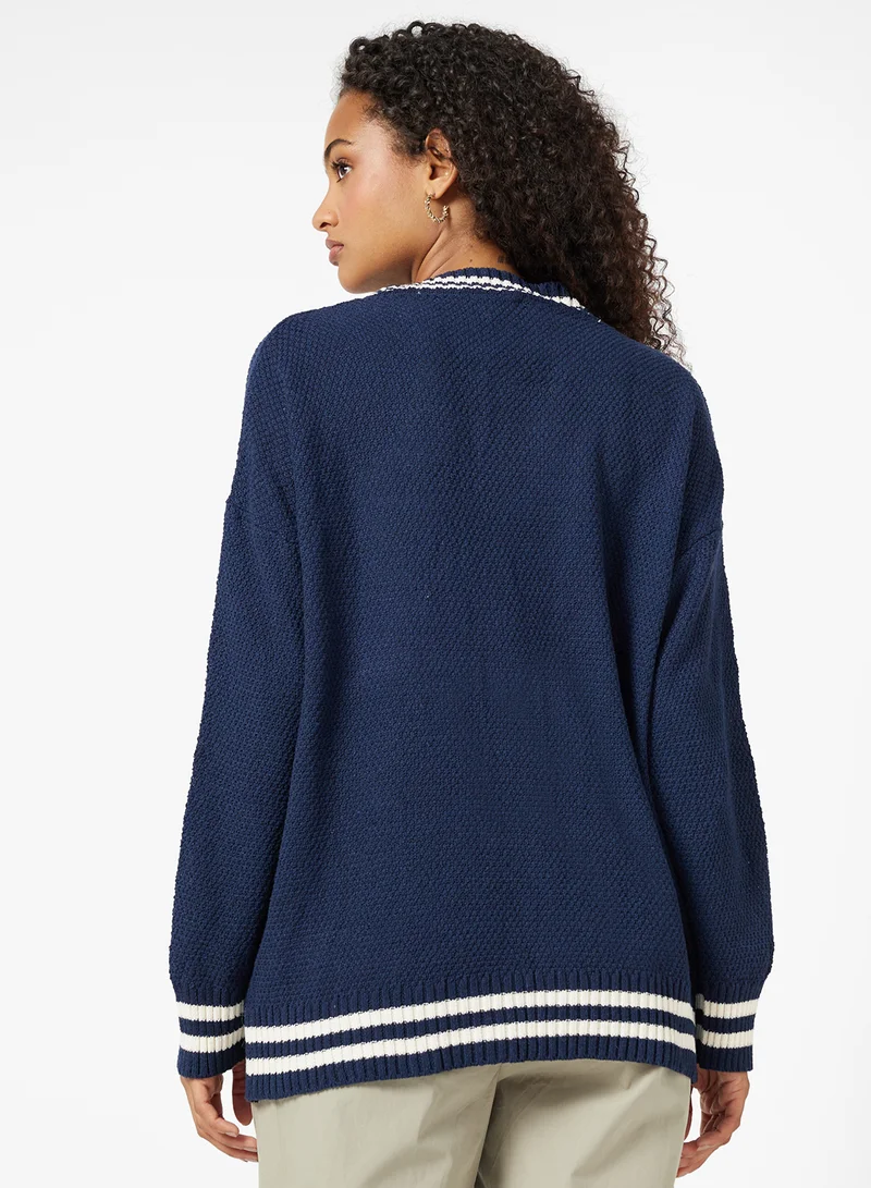 جينجر Varsity Style Button Up Cardigan with Contrast Trim