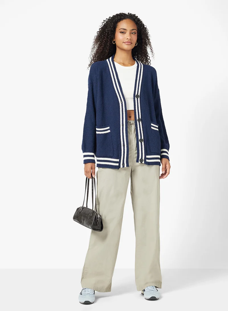 جينجر Varsity Style Button Up Cardigan with Contrast Trim