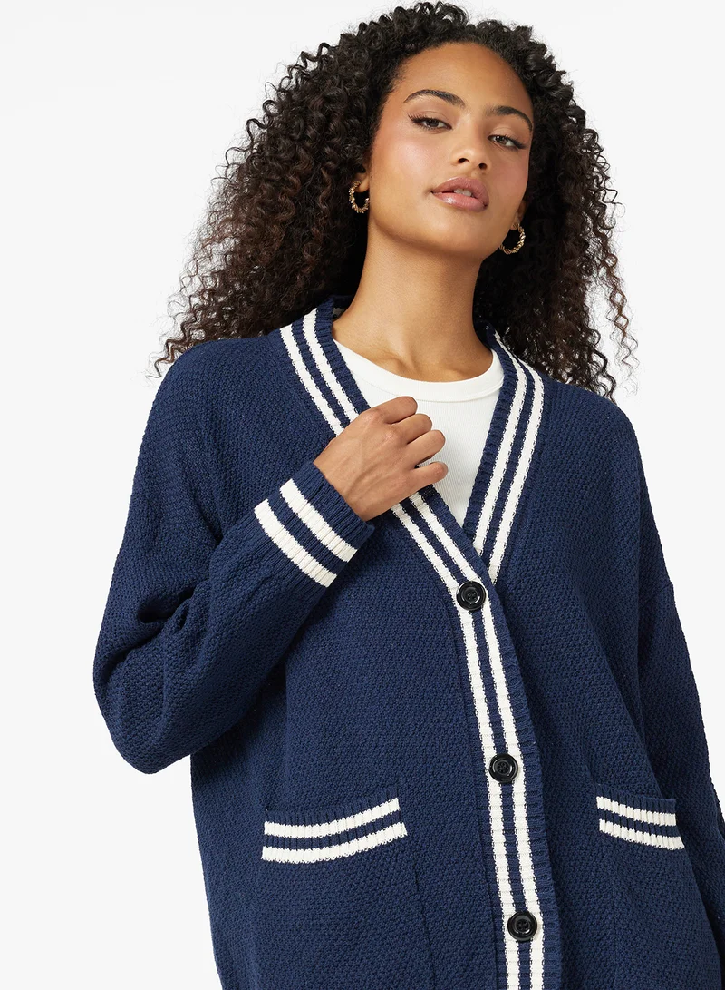 جينجر Varsity Style Button Up Cardigan with Contrast Trim
