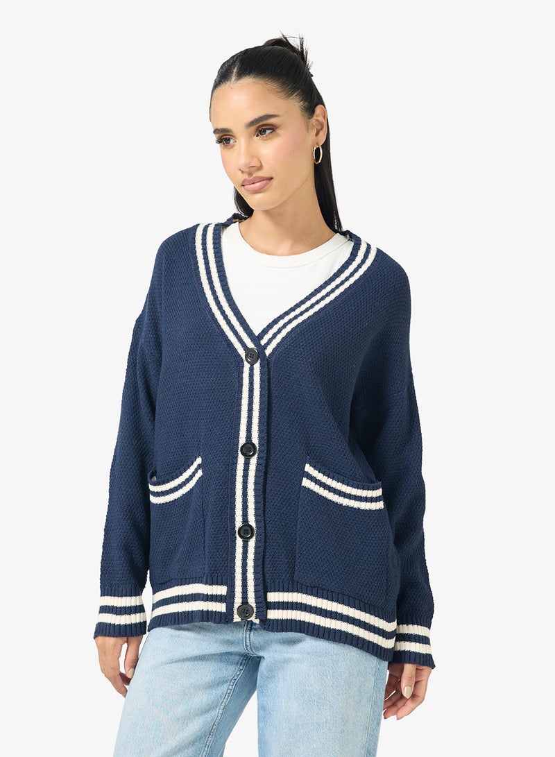Ginger Varsity Style Button Up Cardigan with Contrast Trim - Image 1