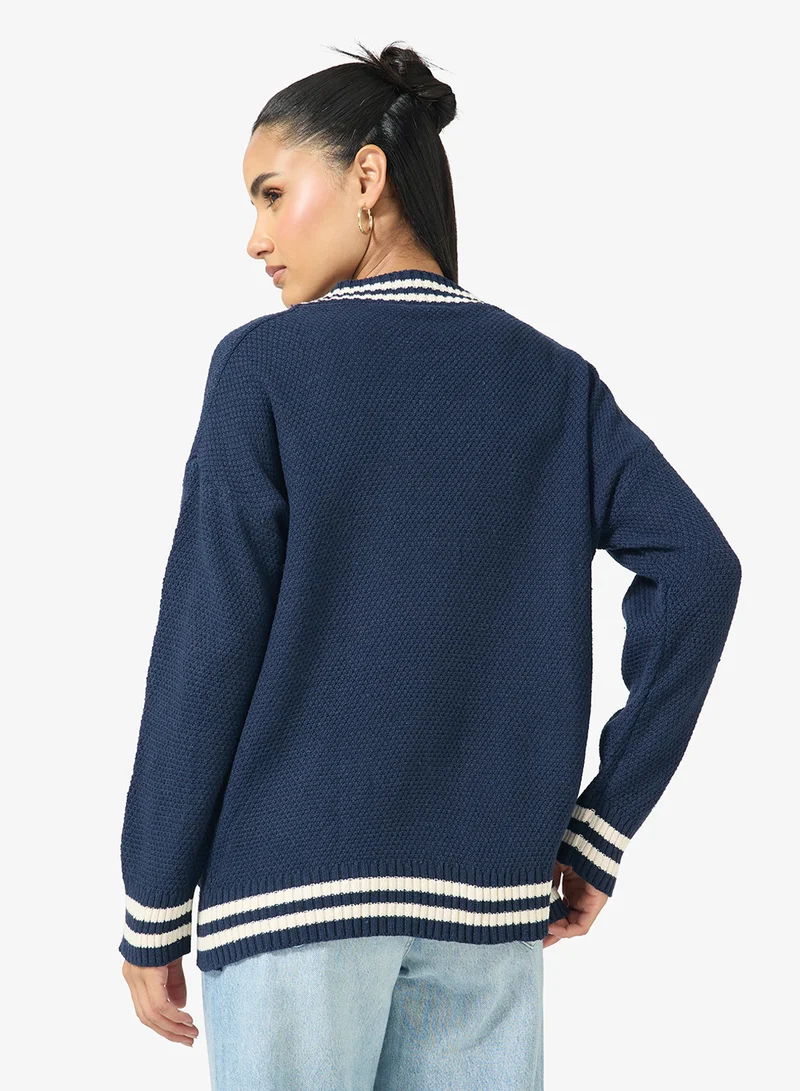 Ginger Varsity Style Button Up Cardigan with Contrast Trim