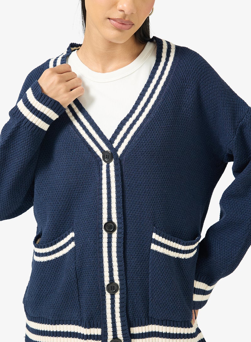 Ginger Varsity Style Button Up Cardigan with Contrast Trim - Image 3