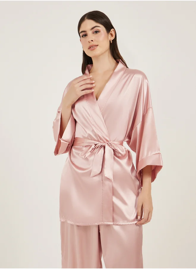 Styli Satin Tie Waist Kimono and Pyjama Set