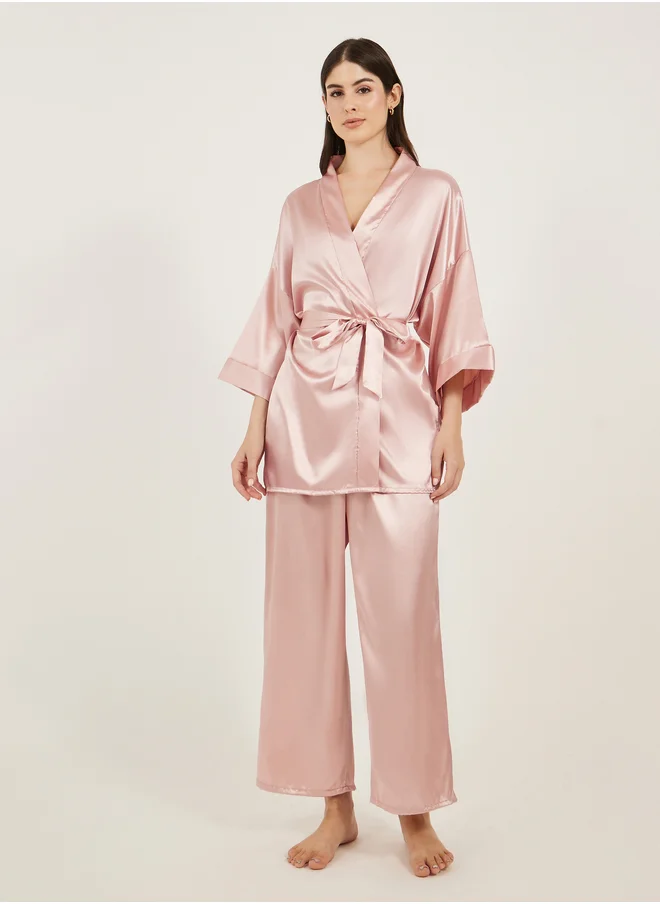 Styli Satin Tie Waist Kimono and Pyjama Set