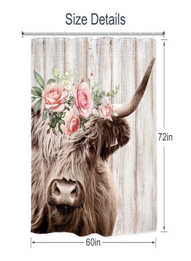 AMBZEK Highland Cow Shower Curtain 60Wx72L Inch Farmhouse Rustic Bull with Garland Country Western Wooden Plank Floral Artwork Cloth Fabric Waterproof Polyester Bathroom Decor Set with 12 Pack Hooks - Image 5