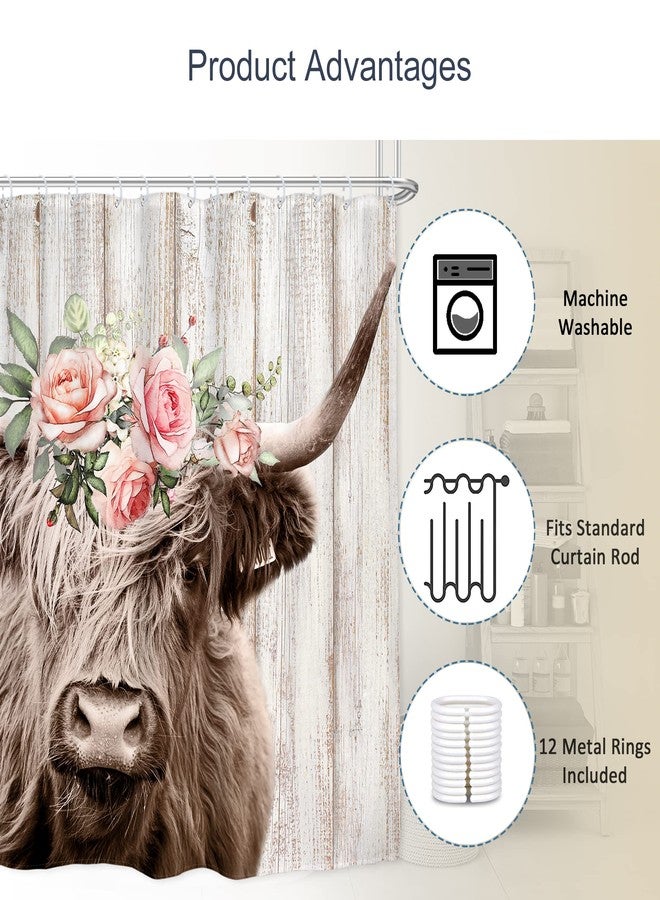 AMBZEK Highland Cow Shower Curtain 60Wx72L Inch Farmhouse Rustic Bull with Garland Country Western Wooden Plank Floral Artwork Cloth Fabric Waterproof Polyester Bathroom Decor Set with 12 Pack Hooks - Image 3