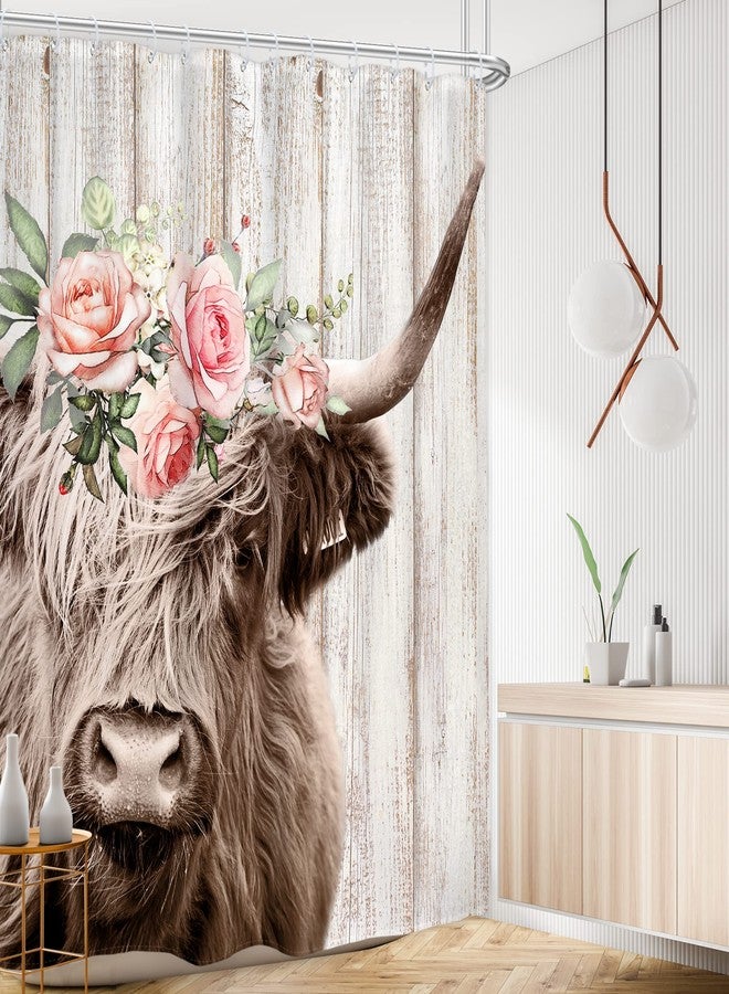AMBZEK Highland Cow Shower Curtain 60Wx72L Inch Farmhouse Rustic Bull with Garland Country Western Wooden Plank Floral Artwork Cloth Fabric Waterproof Polyester Bathroom Decor Set with 12 Pack Hooks - Image 2