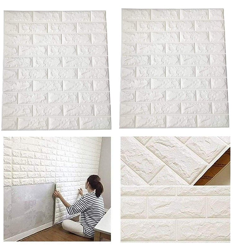 Lukzer 3D Peel & Stick Brick Wallpaper – 8mm Thick Removable Self Adhesive Wall Sticker Panels, Waterproof Foam Wallpaper for Bedroom, Kitchen & Home Walls (White, 70x77 cm, 2 PCS Pack) - Image 1