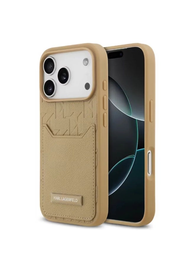 كارل لاغرفيلد جراب iPhone 17 Pro / غطاء خلفي من البولي يوريثان محبب مع حامل بطاقات ونقشة مونوغرام - بني - Image 4