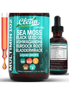 Clean Nutraceuticals Sea Moss Liquid Drops Supplement with Black Seed Oil Ashwagandha Burdock Root & Bladderwrack - Multimineral Organic Non-GMO Vegan for Gut Heath Skin Immune Support Hair