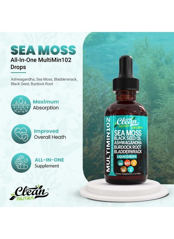 Clean Nutraceuticals - Clean Nutraceuticals Sea Moss Liquid Drops Supplement with Black Seed Oil Ashwagandha Burdock Root & Bladderwrack - Multimineral Organic Non-GMO Vegan for Gut Heath Skin Immune Support Hair - Image 1