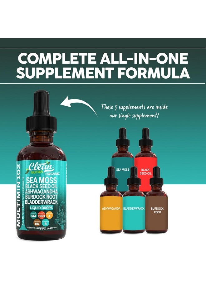 Clean Nutraceuticals - Clean Nutraceuticals Sea Moss Liquid Drops Supplement with Black Seed Oil Ashwagandha Burdock Root & Bladderwrack - Multimineral Organic Non-GMO Vegan for Gut Heath Skin Immune Support Hair - Image 1