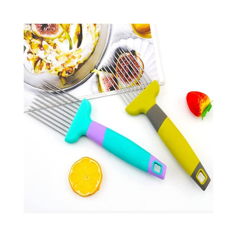 KRIVETY Stainless Steel Food Slicer Assistant Tomato Onion Cutting Kitchen Gadgets Utensil Vegetable Slice Holder Tools Cutter Chopper Meat Fruits Lemon Potato Carrot Mix 2 Pcs - Image 2