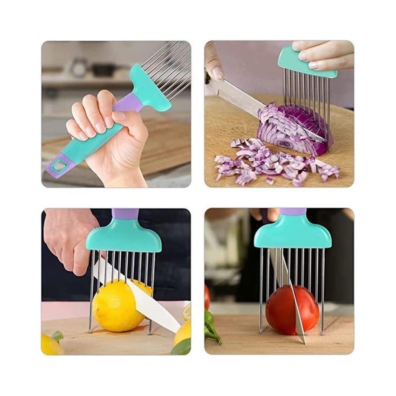 KRIVETY Stainless Steel Food Slicer Assistant Tomato Onion Cutting Kitchen Gadgets Utensil Vegetable Slice Holder Tools Cutter Chopper Meat Fruits Lemon Potato Carrot Mix 2 Pcs - Image 4
