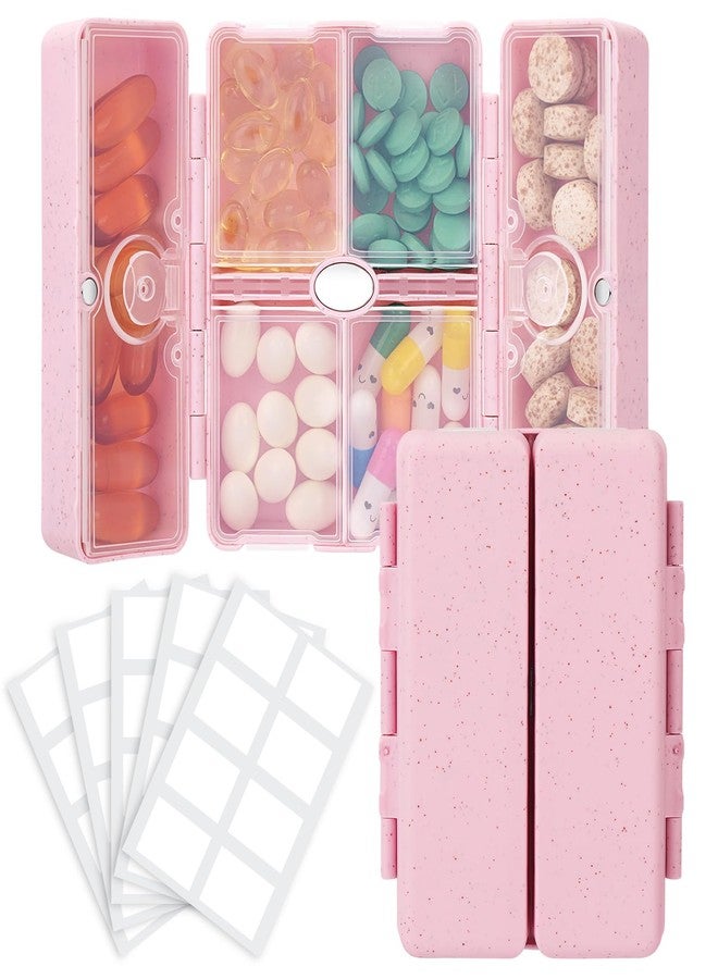FYY Travel Pill Organizer with Blank Lables,6 Compartments Magnetic Pill Organizer Pill Box for Purse Pocket to Hold Vitamins,Cod Liver Oil,Supplements and Medication-Pink - Image 1