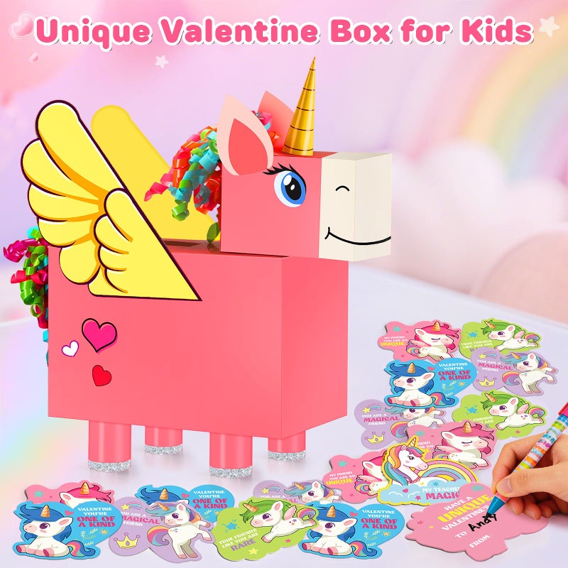 Gloween Valentines Day Boxes and Cards for Kids Classroom School Exchange, Great Valentines Gifts Party Favors for Boys Girls (1 Unicorn Box, 32 Valentine Cards, 1 Teacher Card) - Image 2